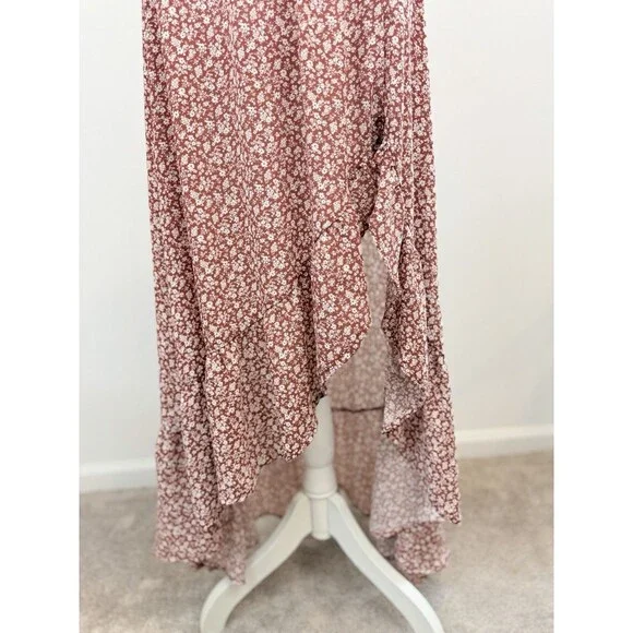 Mi Ami Womens Small Floral Smocked Midi Dress Rust Red White Off Shoulder Boho - Picture 6 of 9